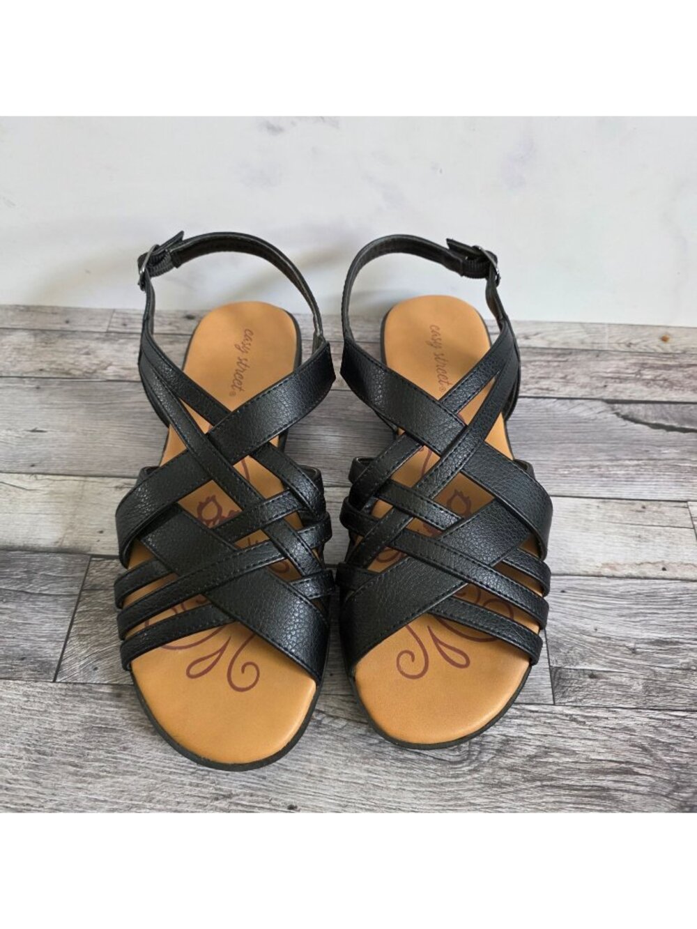 Easy Street Womens Black Strappy Sandals With Adjustable Buckle Comfortable 8.5